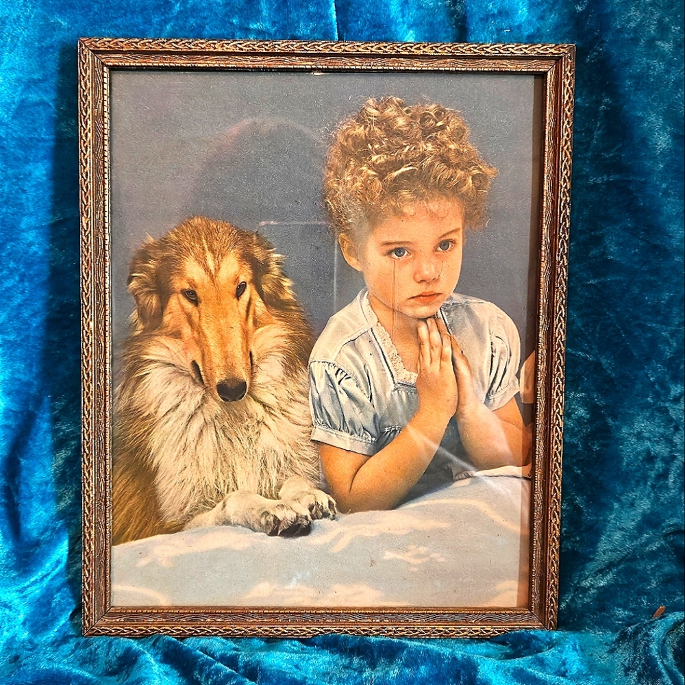 Vintage Framed Art Print with Child and Dog Circa 1950s